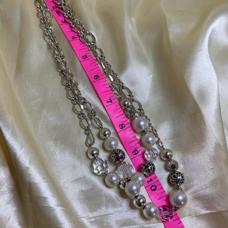 Vintage Brighton Convertible Pearl & Crystal Necklace Silver Tone Double Strand image 7