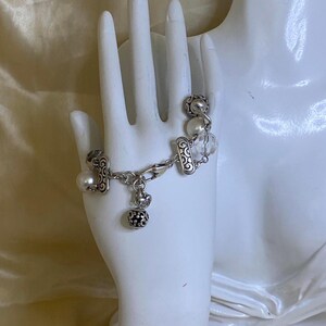 Vintage Brighton Silver Tone Charm Faux Pearls & Crystal Brighton bracelet 90s image 2