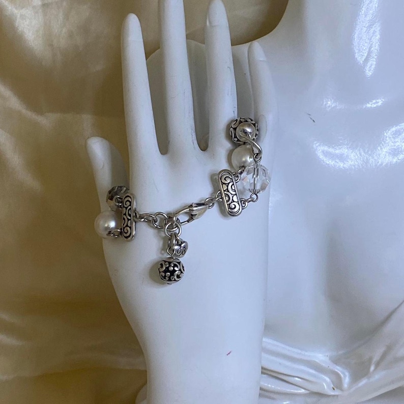Vintage Brighton Silver Tone Charm Faux Pearls & Crystal Brighton bracelet 90s image 2