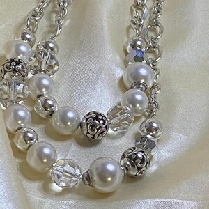 Vintage Brighton Convertible Pearl & Crystal Necklace Silver Tone Double Strand image 5