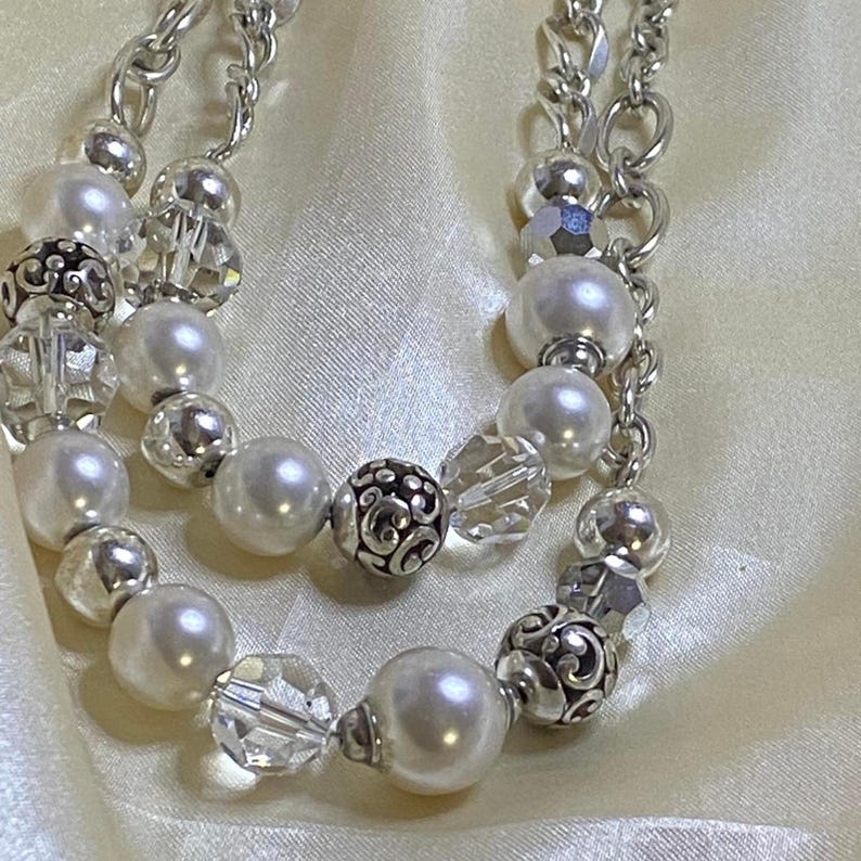 Vintage Brighton Convertible Pearl & Crystal Necklace Silver Tone Double Strand image 5