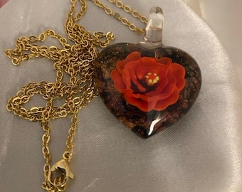 Lampwork Glass Heart Flower Pendant Necklace 18k Gold Plated Chain