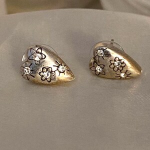 Vintage Brighton Silver-Tone Floral Heart Rhinestone Post Earrings image 2