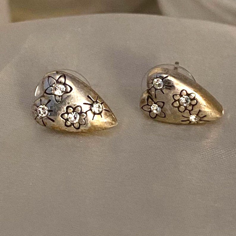 Vintage Brighton Silver-Tone Floral Heart Rhinestone Post Earrings image 2