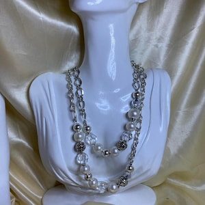 Vintage Brighton Convertible Pearl & Crystal Necklace Silver Tone Double Strand image 1