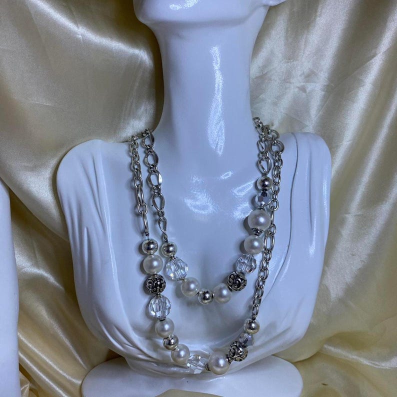 Vintage Brighton Convertible Pearl & Crystal Necklace Silver Tone Double Strand image 1