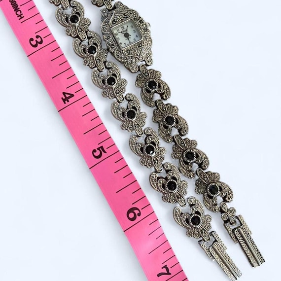 Vtg Eikon Art Deco Wrist Watch & Bracelet Set Silvertone Bows Marcasite Coquette Eikon Ladies Wrist Watch & Bracelet SET Silver Marcasite  main image 2