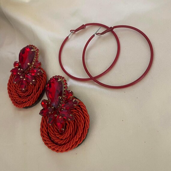 Ruby Red statement earrings with hoops and gems - image 2