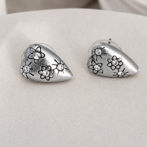 Vintage Brighton Silver-Tone Floral Heart Rhinestone Post Earrings image 1