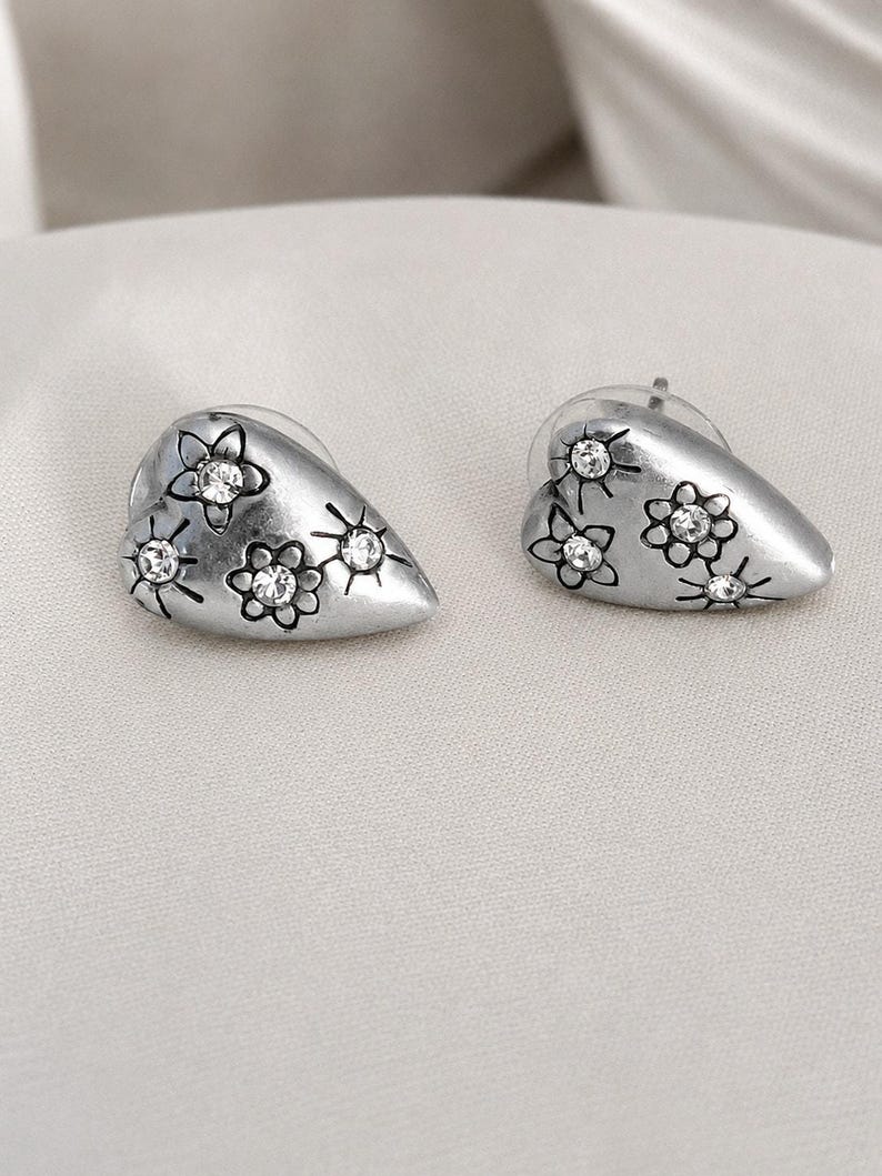 Vintage Brighton Silver-Tone Floral Heart Rhinestone Post Earrings image 1