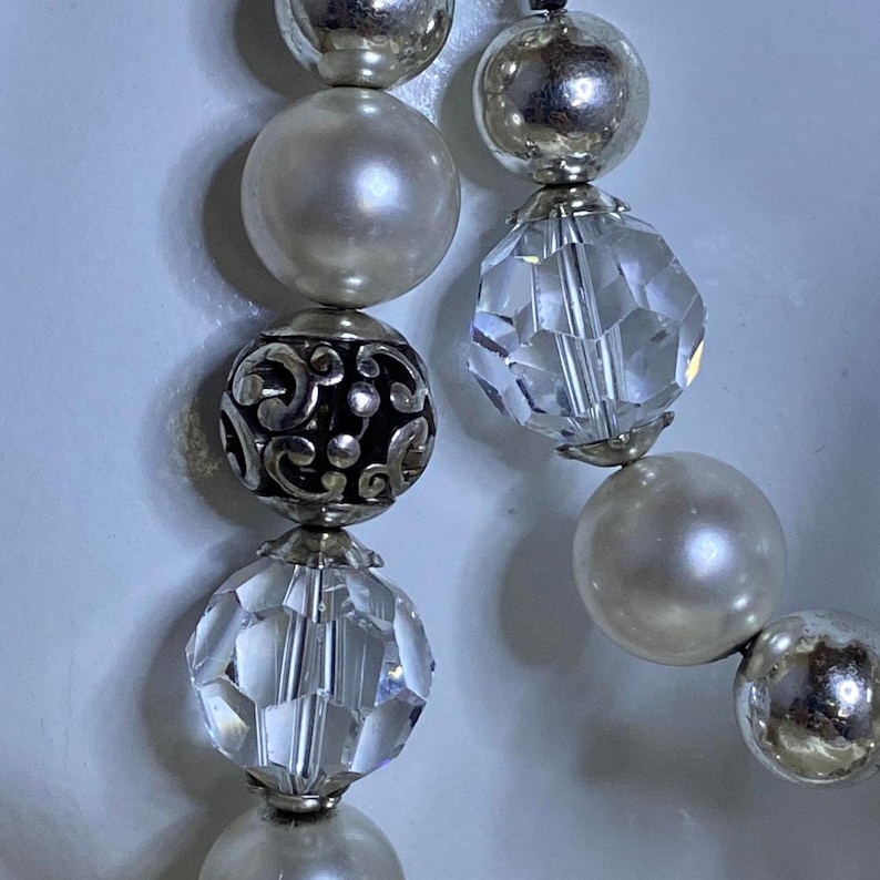 Vintage Brighton Convertible Pearl & Crystal Necklace Silver Tone Double Strand image 2
