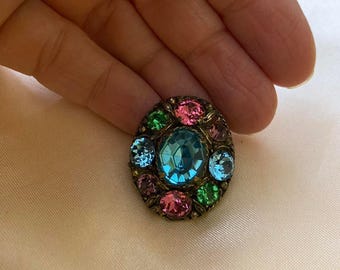 Antique multi- colored pastel rhinestone prong settings brooch