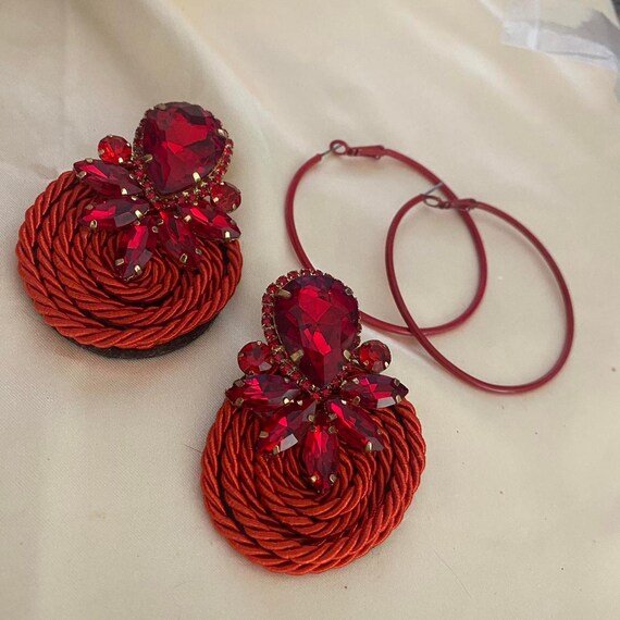 Ruby Red statement earrings with hoops and gems - image 1