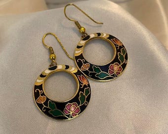 Vintage Cloisonné Enamel Hoop Earrings Floral Asian Inspired Gold Tone