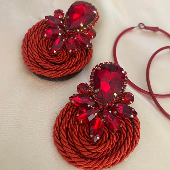Ruby Red statement earrings with hoops and gems - image 3