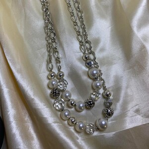 Vintage Brighton Convertible Pearl & Crystal Necklace Silver Tone Double Strand image 3