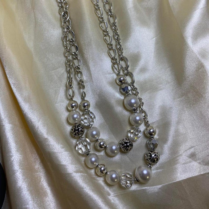 Vintage Brighton Convertible Pearl & Crystal Necklace Silver Tone Double Strand image 3