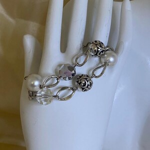 Vintage Brighton Silver Tone Charm Faux Pearls & Crystal Brighton bracelet 90s image 3