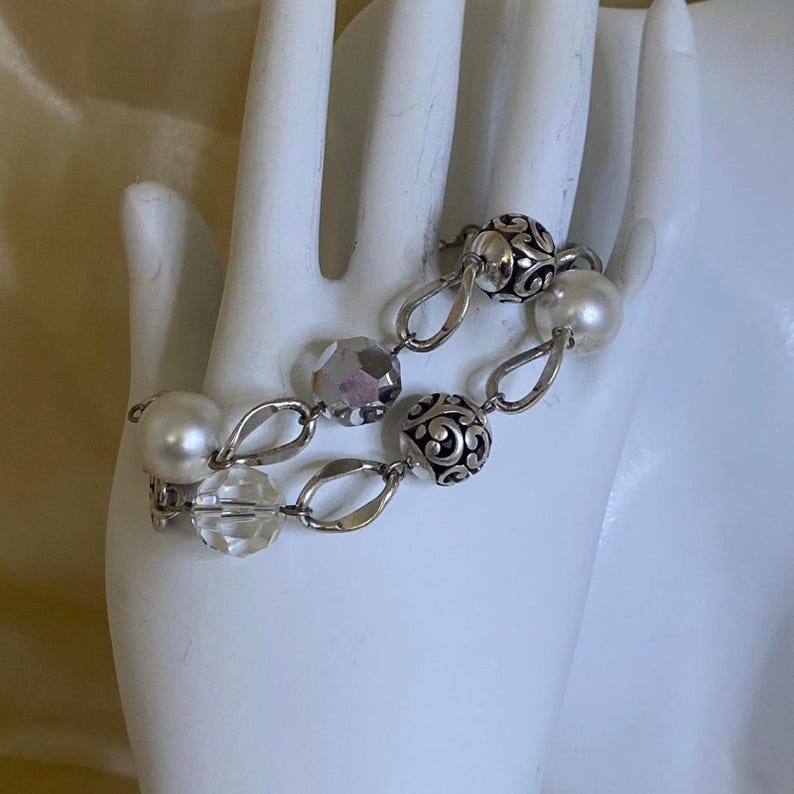 Vintage Brighton Silver Tone Charm Faux Pearls & Crystal Brighton bracelet 90s image 3