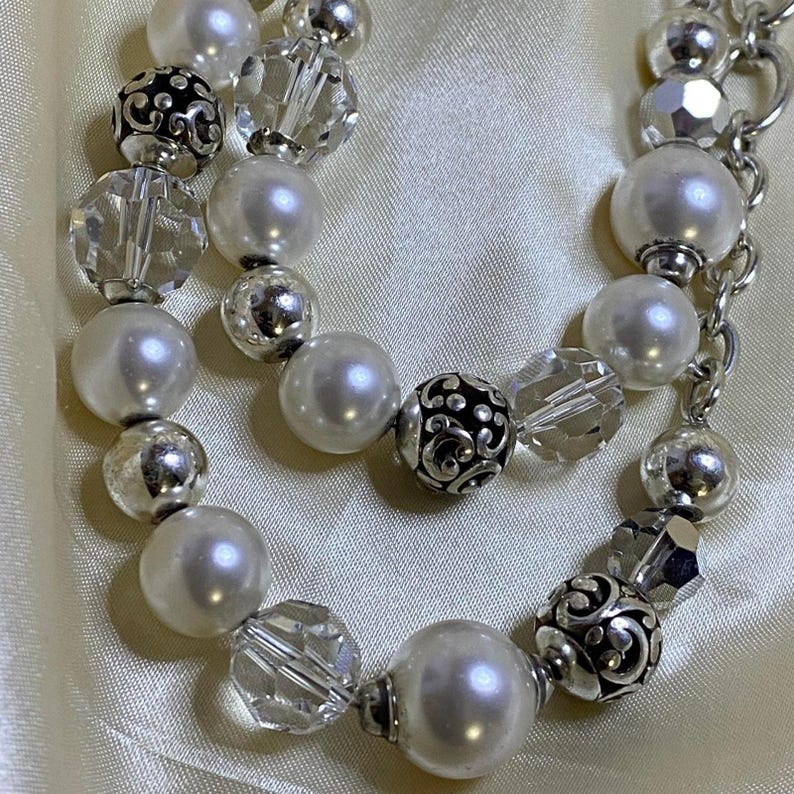 Vintage Brighton Convertible Pearl & Crystal Necklace Silver Tone Double Strand image 4
