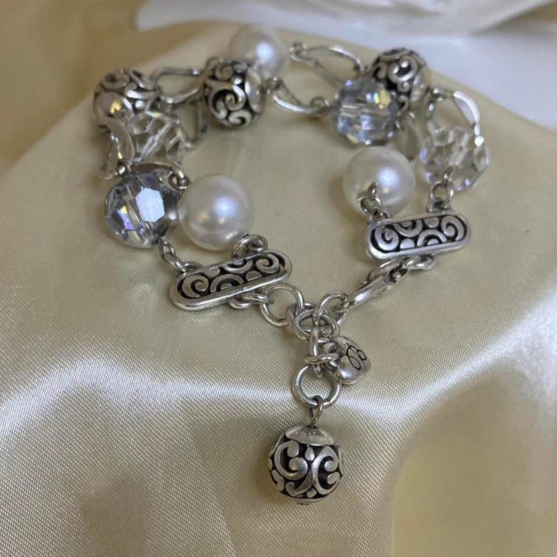 Vintage Brighton Silver Tone Charm Faux Pearls & Crystal Brighton bracelet 90s image 1