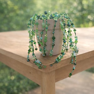 Green Beaded Plant Pot Decor | Faux Vine Crystal Drip | Boho Glam Planter Accent