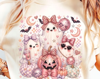 Fantasma de Halloween disco femenino PNG, calabaza con bola de discoteca, calabaza a cuadros, otoño preppy, diseño de sublimación de Halloween coqueto