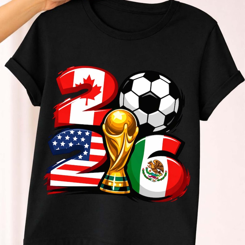 Modern soccer 2026 design featuring USA, Canada, and Mexico flag elements with bold brush stroke style, soccer ball, and trophy graphic. High resolution PNG with transparent background perfect for t-shirt printing, sublimation, DTF, and DIY apparel. Ideal for soccer fans, international football themes, and sports merchandise with a dynamic modern look.