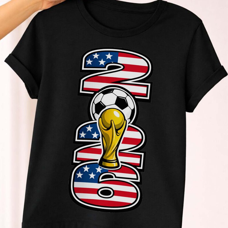 Vertical soccer 2026 design featuring USA flag inspired numbers with soccer ball and trophy graphic. High resolution PNG with transparent background perfect for t-shirt printing, sublimation, and DTF use. Great for soccer fans, sports apparel, and international football themed designs with bold stacked layout for standout prints.