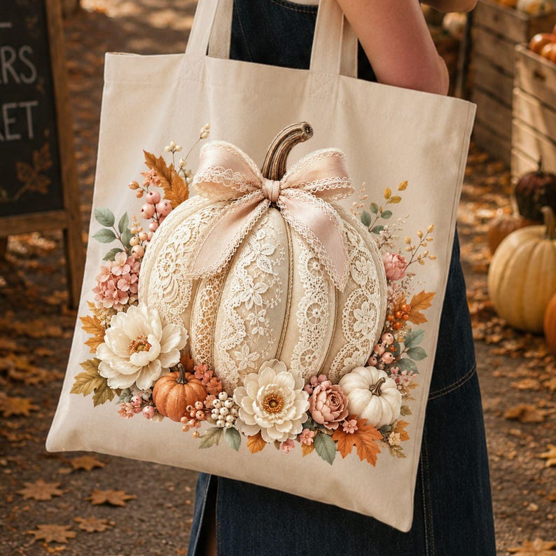 Lace border pumpkin PNG displayed on a cream canvas tote bag at a cozy fall market. The design features a romantic cream lace pumpkin with a soft bow, floral lace panels, blush flowers, cream blooms, fall leaves, berries, and mini pumpkins. Perfect for autumn tote bags, pumpkin patch gifts, coquette fall PNG projects, lace pumpkin PNG designs, boutique fall graphics, pumpkin bow PNG art, floral pumpkin PNG files, and trendy fall digital downloads.