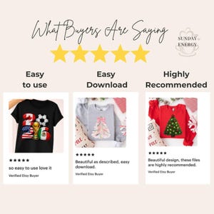 Etsy five star review slide showing customer testimonials and verified buyer feedback. Neutral beige aesthetic layout with gold star rating and sample product mockups. Text highlights easy to use, easy download, and highly recommended. Designed to build trust and increase conversions for digital download PNG listings, sublimation files, and print on demand graphics.