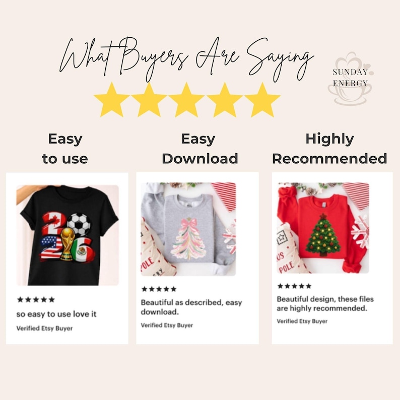 Etsy five star review slide showing customer testimonials and verified buyer feedback. Neutral beige aesthetic layout with gold star rating and sample product mockups. Text highlights easy to use, easy download, and highly recommended. Designed to build trust and increase conversions for digital download PNG listings, sublimation files, and print on demand graphics.