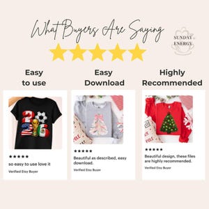 Customer review graphic showing 5 star ratings and positive feedback for a soccer 2026 PNG bundle. Includes testimonials like easy to use, easy download, and highly recommended from verified Etsy buyers. Displays product examples on t-shirts and sweatshirts to show real use cases. Perfect for building trust and social proof for digital downloads, sublimation designs, and print on demand products for soccer fans and sports themed apparel.