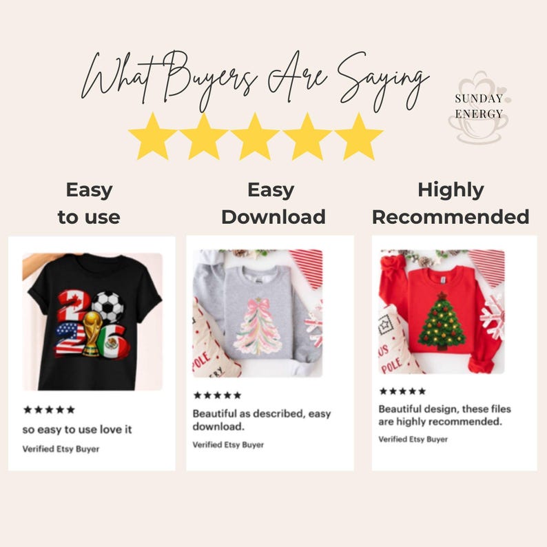 Customer review graphic showing 5 star ratings and positive feedback for a soccer 2026 PNG bundle. Includes testimonials like easy to use, easy download, and highly recommended from verified Etsy buyers. Displays product examples on t-shirts and sweatshirts to show real use cases. Perfect for building trust and social proof for digital downloads, sublimation designs, and print on demand products for soccer fans and sports themed apparel.