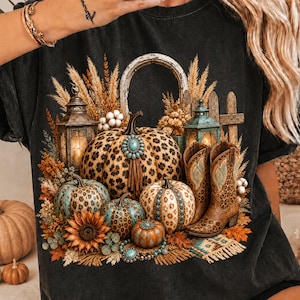Leopard Pumpkin PNG, Western Halloween Cowgirl Boots, Turquoise Pumpkin Patch Country Fall Sublimation Design