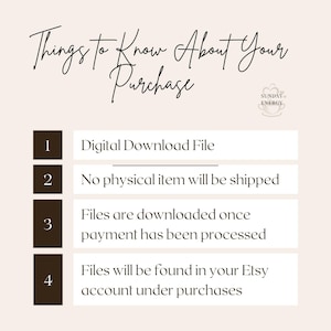 Digital download information slide explaining no physical item will be shipped. States files are downloaded once payment is processed and can be found in Etsy account under purchases. Neutral beige branding layout for digital PNG listings, sublimation files, and print on demand products to reduce confusion and customer support questions.
