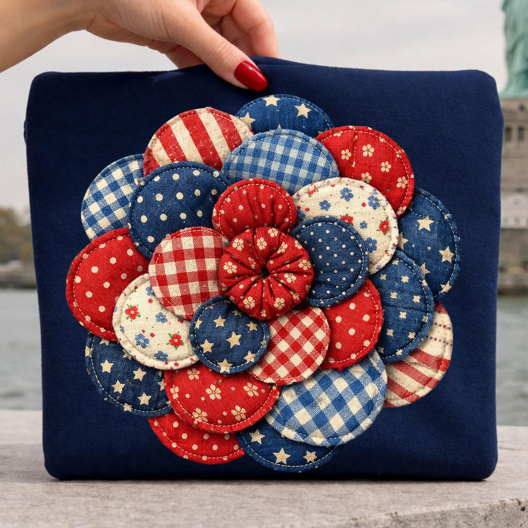 Patchwork Fourth of July Flower PNG, Patriotic Yo Yo Quilt Flower ...