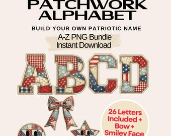 Pacchetto di lettere PNG con alfabeto patchwork patriottico, lettere trapuntate applicate, alfabeto Americana Coquette in formato PNG, alfabeto cucito, download immediato.