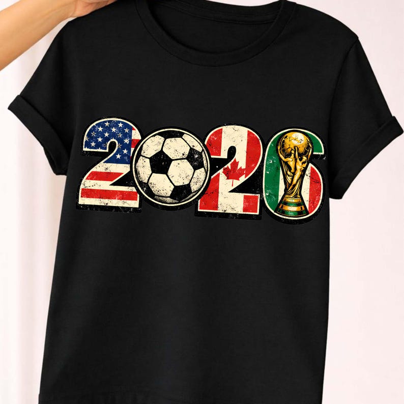 Retro soccer 2026 design featuring USA, Canada, and Mexico flag elements with a vintage distressed texture, soccer ball, and trophy graphic. High resolution PNG with transparent background ideal for t-shirt printing, sublimation, DTF, and DIY apparel. Perfect for soccer fans, international football themes, and sports merchandise. Great for small business use and custom apparel designs with bold vintage styling.