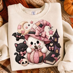 Patchwork Halloween Cute Ghost PNG Bundle, Girly Witch Ghosts, Coquette Pumpkin, Black Cat Sublimation and DTF Transfer Design