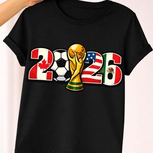 Vintage soccer 2026 design featuring USA, Canada, and Mexico flag elements with distressed texture, soccer ball, and trophy centerpiece. High resolution PNG with transparent background ideal for t-shirt printing, sublimation, and DIY apparel. Perfect for soccer fans and international football themes with bold retro styling for unique merchandise.