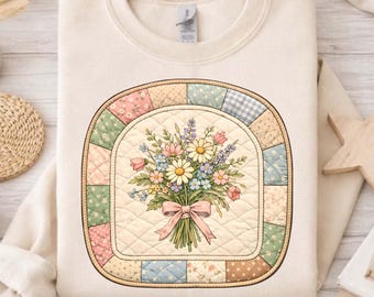 Grandma Core Quilt Wildflowers PNG, Vintage Thrifted Patchwork Blanket, Cottage Floral Clipart, Thrifted Aesthetic Png, Easter Floral Png