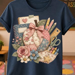 May include: A navy blue short-sleeve t-shirt featuring a graphic print of a quilted pumpkin with a bow, surrounded by school supplies including notebooks, pencils, a ruler, scissors, and crayons, accented with fabric flowers and a heart.