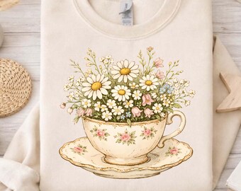 Grandma Core Teacup Wildflowers PNG, Vintage Tea Cup Clipart, Spring Flowers PNG, Thrifted Aesthetic Floral Design, Wildflower Clipart