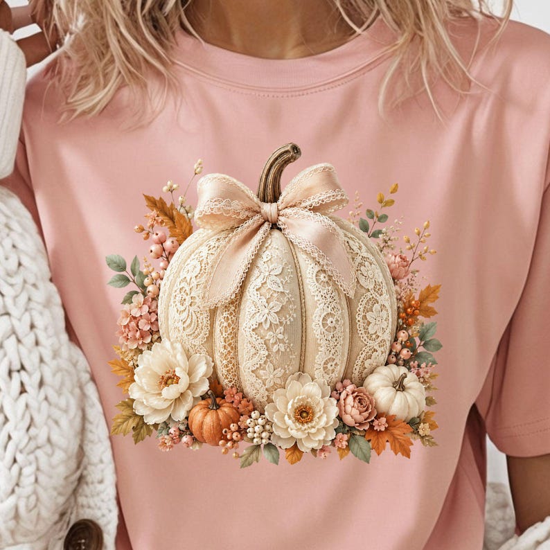 Preppy fall lace pumpkin PNG shown on a soft pink t-shirt mockup with a feminine boutique autumn style. The design features a cream lace pumpkin with scalloped lace border panels, a blush coquette bow, ivory flowers, soft pink florals, berries, orange leaves, sage greenery, and mini pumpkins. Perfect for coquette fall PNG listings, lace pumpkin shirt designs, floral pumpkin PNG files, pumpkin sweatshirt graphics, trendy fall shirts, boutique fall PNG, and autumn digital downloads.