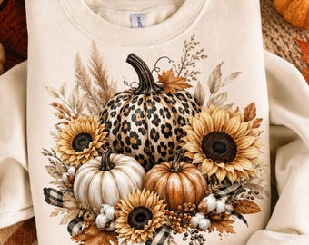 Leopardo Calabaza Girasol PNG, Cuadros de Búfalo Sublimación Floral Otoño, Diseño Neutral de Campo de Calabazas Otoñales