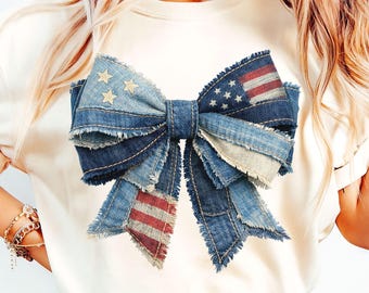 Denim Patchwork Patriotic Bow Png, American Flag Coquette Bow, 4th of July Shirt Png, Vintage Americana PNG, USA Sublimation, DTF Transfer