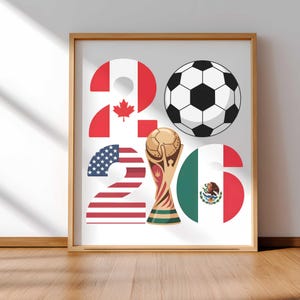 World Soccer Cup 2026 soccer PNG shown as framed wall art, featuring bold 2026 numbers filled with USA, Canada, and Mexico flag elements, a soccer ball graphic, and a golden trophy illustration. This high-resolution transparent PNG is perfect for printable soccer decor, kids room wall art, sports-themed prints, fan gifts, sublimation designs, and football artwork celebrating the 2026 world soccer event.