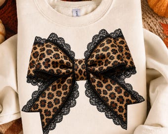 Black Lace Bow PNG, Lace Border PNG, Leopard Coquette Bow, Gothic Fall Halloween Sublimation, Boutique Ribbon Design