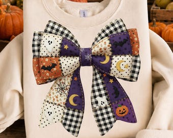 Lazo de Halloween de patchwork PNG, diseño de camiseta de Halloween para chicas, lazo coqueto PNG, sublimación de lazo espeluznante, lindo Halloween PNG, camiseta de boutique de otoño